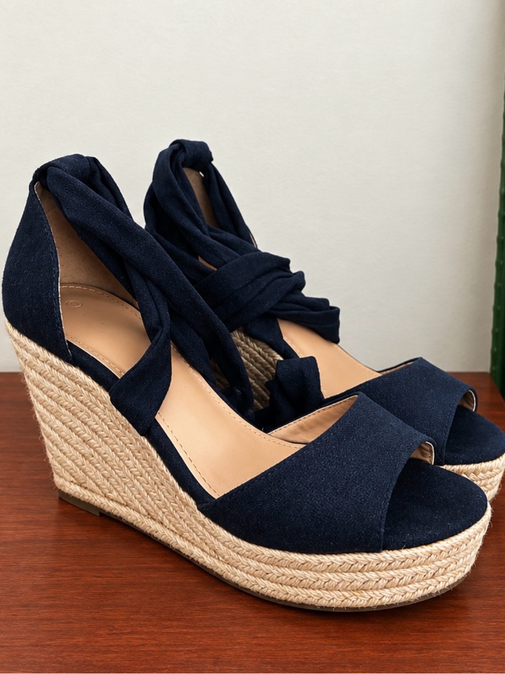 Navy Espadrille Wedge Sandals with Wrap Ankle Strap